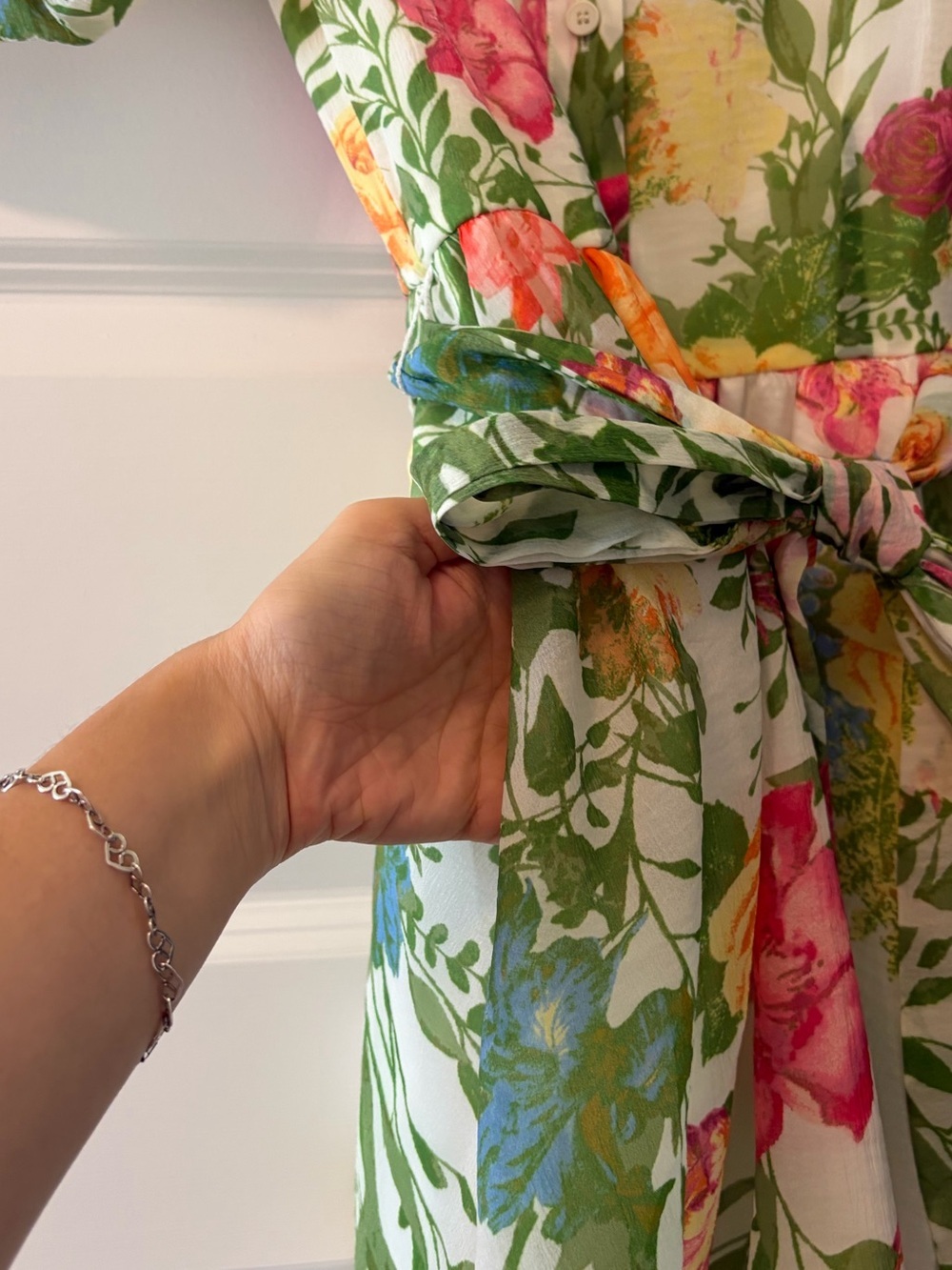 Flying Tomato Midi Floral Tie-Waist Dress in Cream and Green with Bell Sleeves - Picture 12 of 16